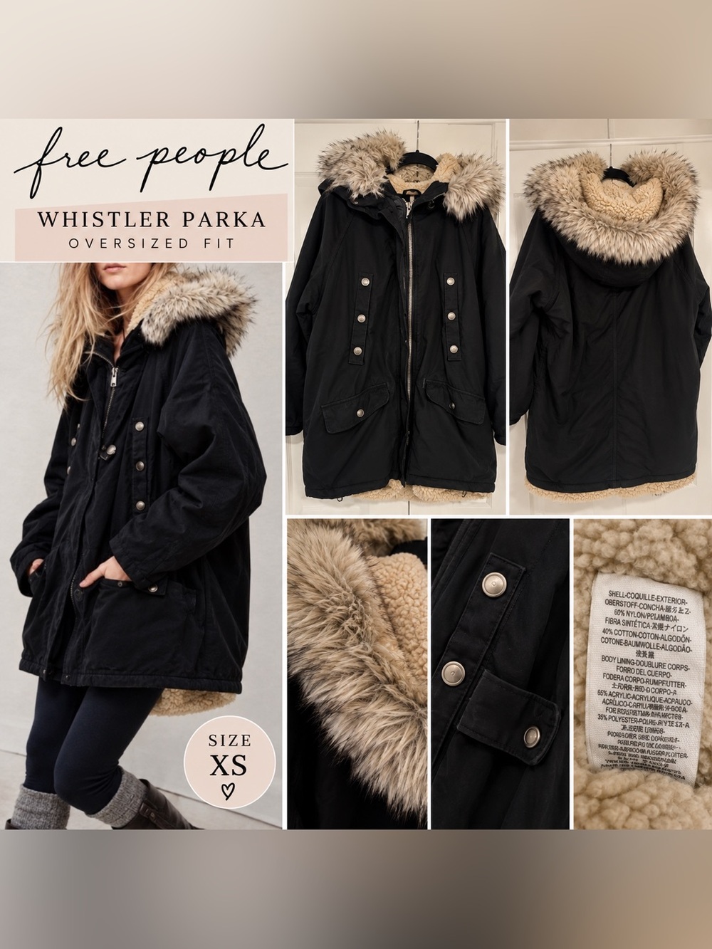 Free People Black Oversized Whistler Winter Parka with Faux Fur Size XS